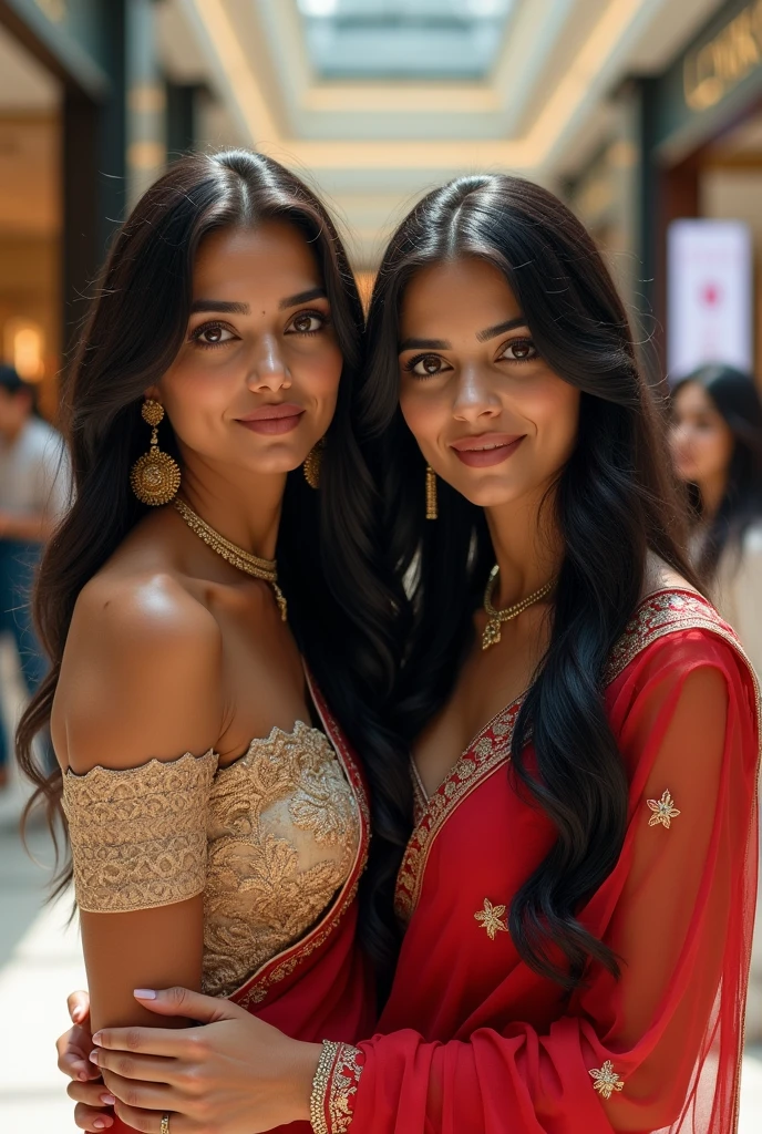 A photorealistic portrait of a 2 Indian woman gazes alluringly at the camera, showcasing her long, silky black hair and enchanting dark eyes, wearing an elegant lehenga adorned with detailed patterns, full body shot, 8k HDR, high detailed, with a soft smile that radiates confidence, set against a bustling mall backdrop with luxury boutiques in view, capturing her vibrant spirit and traditional beauty.