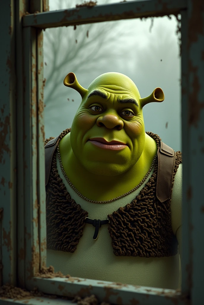Shrek looking out a window very sad and crying