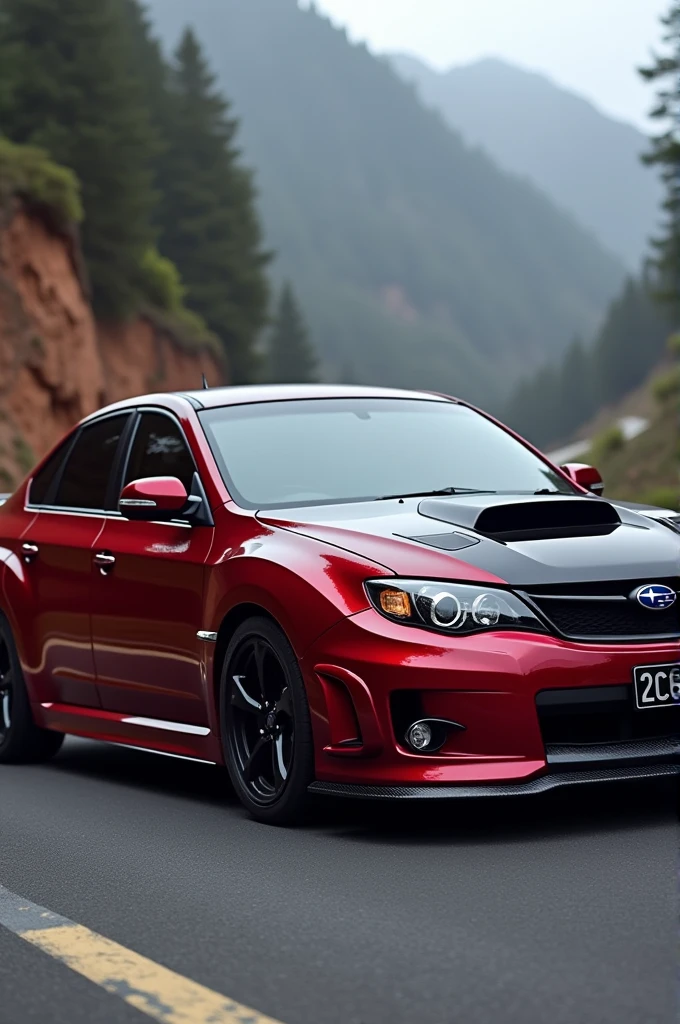 A red 2008 Impreza with a black hood