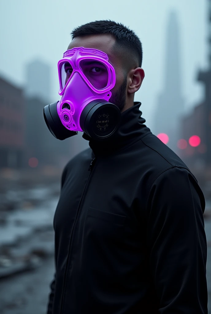 man with neon purple futuristic gas mask and black shirt