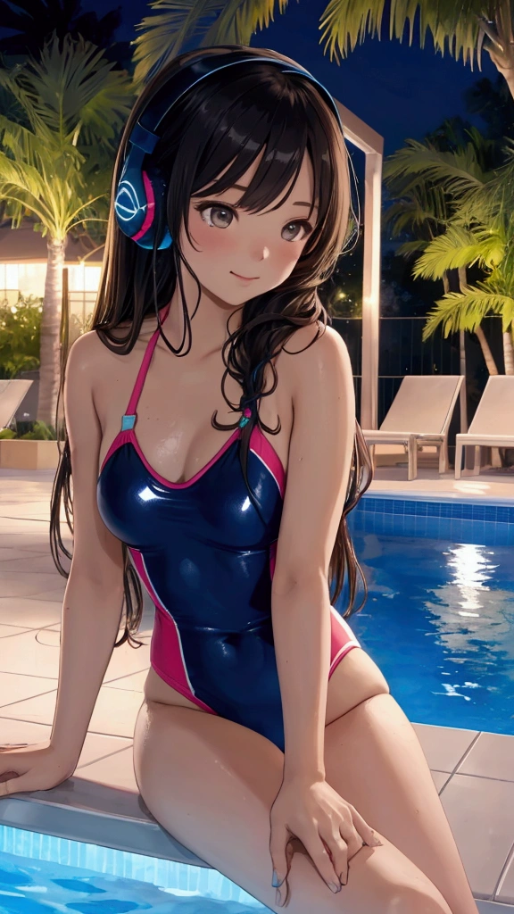 Night Poolside Sitting,Cute swimsuit,One girl, High resolution, Long Hair, Headphones,