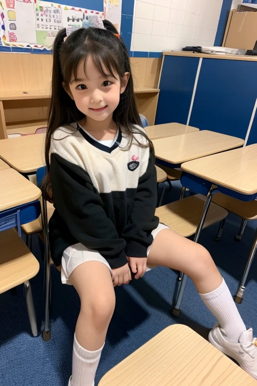 Cute and lovely elementary school first grade girl pretty face full body sitting full picture little kid sexy naughty