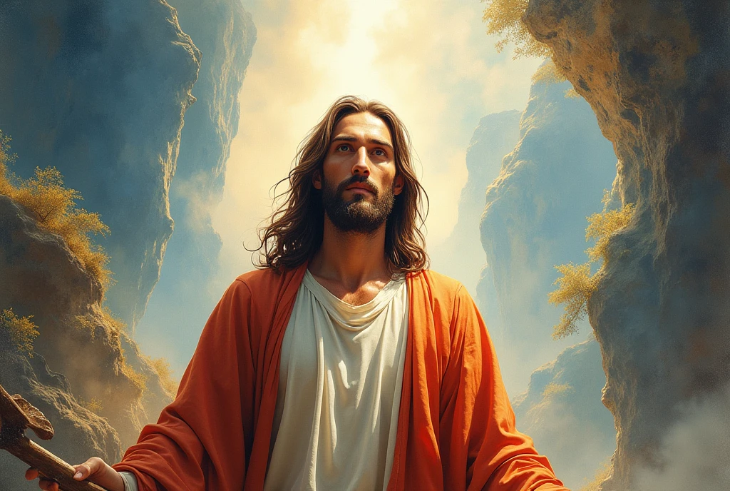 realistic painting Watercolor oil painting as Cover design for a book about the story of Jesus Christ in a glory view with title logo for book \\nname Jesus,picturesque appearance as Italian christian imagine Jesus Christ,without merged effect,The cover should have christian themes,with deep effect background, Jesus with long brown hair,Jesus looking forward, with Jesus name title logo calligraphy,straight eyes looking,Jesus is in the middle of the book\\\'s design ,خلفيه هادئه, unreal engine 5,8k,horizontal design, inspired by Hany rady, happiness and romance color