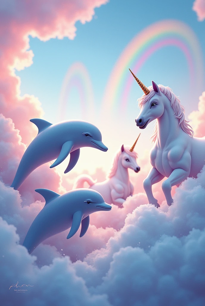 3 dolphins on clouds with rainbow and 3 unicorns with 3 rainbows and colorful clouds