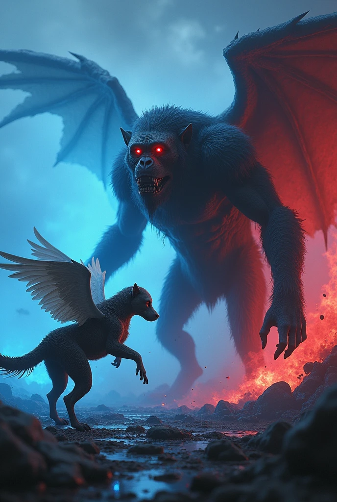 Blue and red lighting in background war by dog with angels wings, human hand and dinosaur legs and big monkey with elephant track  red eyes and muscular and both big in size