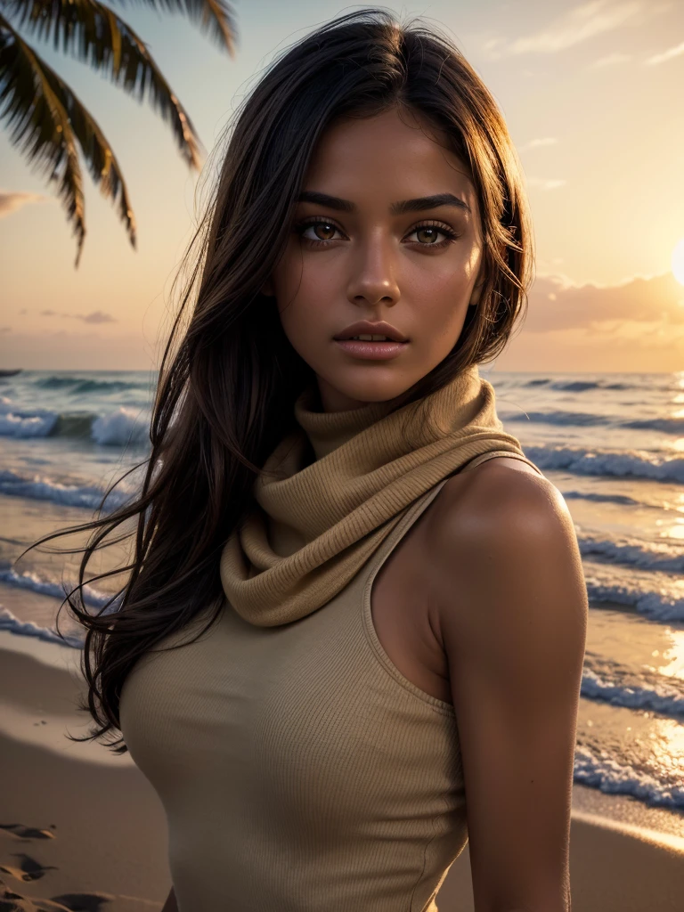 high quality, 8k, best quality, (realistic, photorealistic, photo-realistic:1.37), (extremely detailed, ultra-detailed:1.2), (gorgeous, beautiful, stunning:1.2), sexy brunette girl wearing black pants and a beige turtleneck, scarf around neck, medium sized breasts, yellow eyes, detailed facial features, detailed body, graceful pose, tropical beach background, golden hour lighting, warm color tones, cinematic composition
