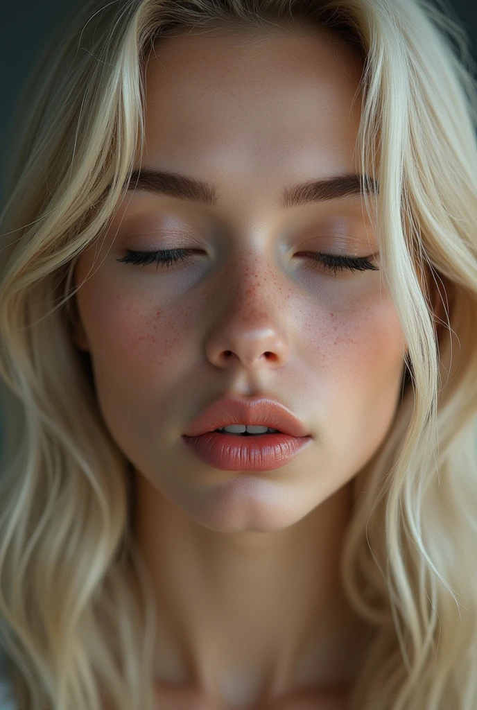 Photorealistic: 1.2, young woman, Caucasian face, high detailed face, blonde hair, A 1 girl naked ((highly detailed women face) with long black hair and (beautiful detailled black eyes:1.2)(closed mouth:1.2), some facial imperfections, ultra detailed, beautiful girl, real human wet skin, striking features, beautiful, intricate details, tension, contrast, (texture:1.1) (realism:1.1)