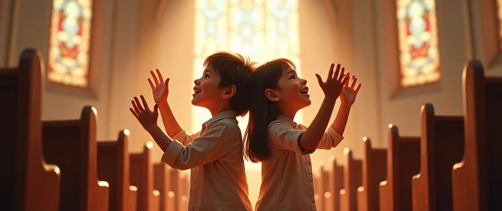 two children hugging each other back to back with their hands raised up singing in church. one of the children wears an autism bracelet WITH WHITE BACKGROUND
