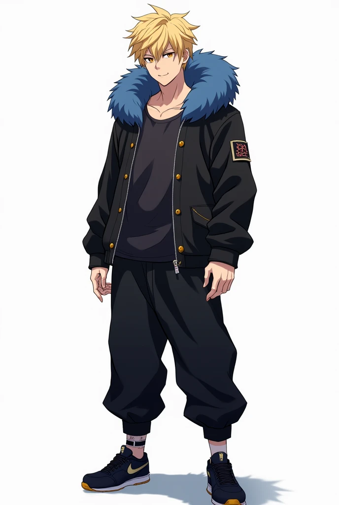 Jujutsu Kaisen, masculine, attractive, blonde hair, short and messy hair, eyes the color of honey, Black leather jacket with ons and blue polar fur on the hood, black baggy pants, black shoes, bandage on one of his hands, superb smile, Whole body, white background, anime, 4k