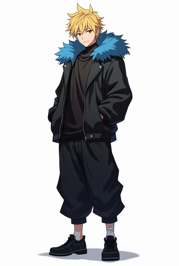 Jujutsu Kaisen, masculine, attractive, blonde hair, short and messy hair, eyes the color of honey, Black leather jacket with buttons and blue polar fur on the hood, black baggy pants, black shoes, bandage on one of his hands, superb smile, Whole body, white background, anime, 4k