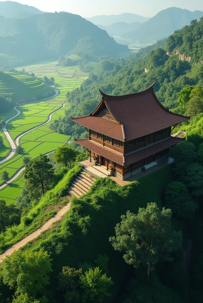 West Sumatran traditional house on a hill, views of green rice fields, lakes and winding roads