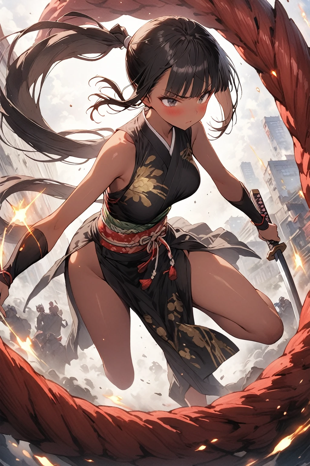 Action Scenes、(A woman fighting countless monsters),((masterpiece,Highest quality:1.3,best quality illustration)), solo,1woman,(Mature Japan beauties)、black hair,(low ponytail hair style),long hair,blunt bangs,black eyes,gorgeous eyes,((very small head:1.3)),blush,Serious expression,((very long body:1.2)),medium breasts,(tan skin), (gleaming skin,toned body,slender body, skinny),(Female Ninja Costume、A simple, patternless black kimono、、Black Skirt、Side slits,Holding a precisely rendered Japanese sword),fly、rooftop of high-rise building、Moonlit Night、Tokyo、