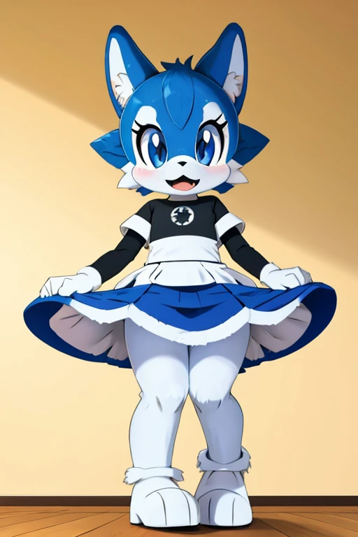 Furry female blue alien with dress of black t-shirt skirt alola pokemon sun and moon fursuit mascot baseball style 