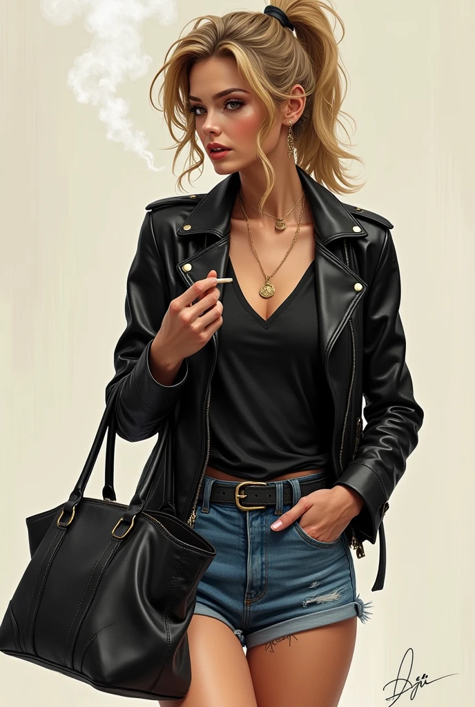 Fille russe cheveux attaché veste cuir mini short jean grand sac a main, elle fume une cigarette