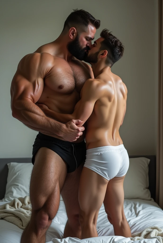Photo realistic image of a very strong 4 handsome white bodybuilder teacher, very tall and beardless, very big and muscular in tight underwear and harness on his big hairy muscular legs lying in bed hugging each other in love with a very short young cute 1 slim age male student kissing (full body image)