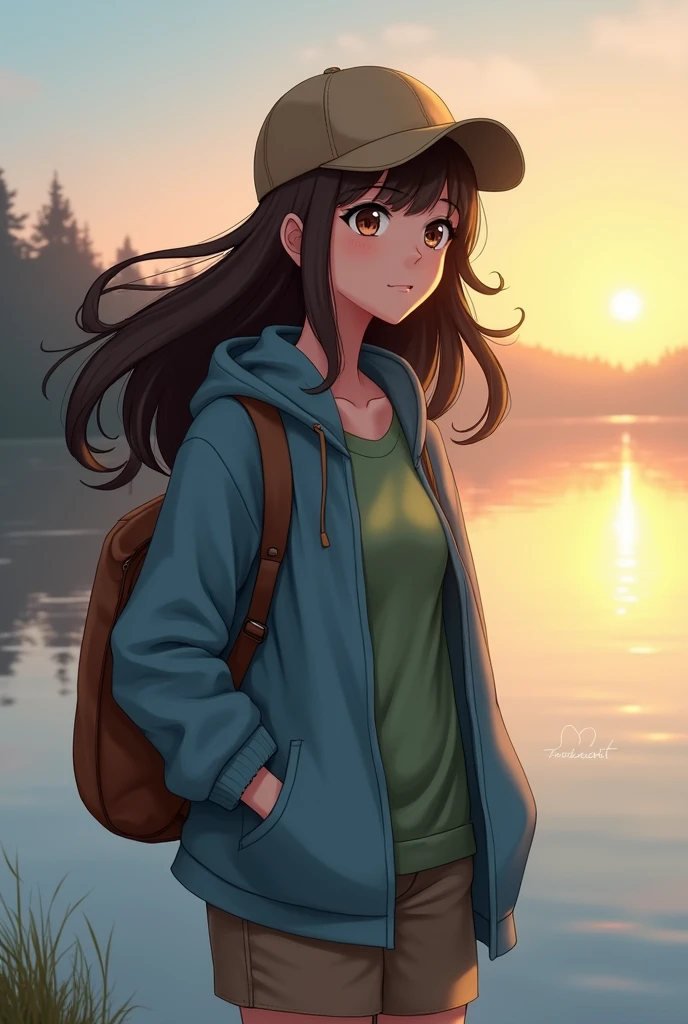 Create an image of Lola, in her light blue jacket, green T-shirt, and light brown cap, standing by a lake at dawn. His brown backpack hangs loosely on his back as he watches the sun reflect off the water. Her dark brown hair falls in soft waves over her shoulders, as the wind blows gently, giving her an air of peace and serenity