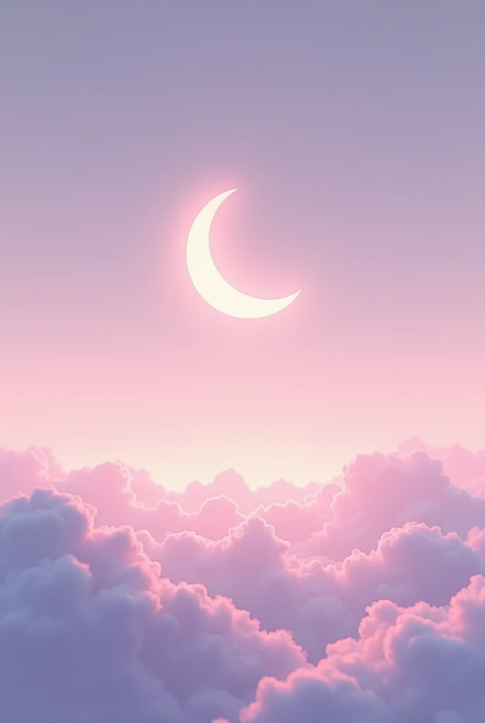 A lofi thin crescent moon hangs in a sky that transitions between soft shades of purple and lavender. Below the moon, the tops of fluffy clouds are bathed in warm pinkish hues, giving them a glowing appearance. The colors create a calming, ethereal atmosphere, reminiscent of a peaceful twilight or dawn. The overall composition is minimalistic yet striking, with the crescent moon serving as a focal point against the vast, calming sky.