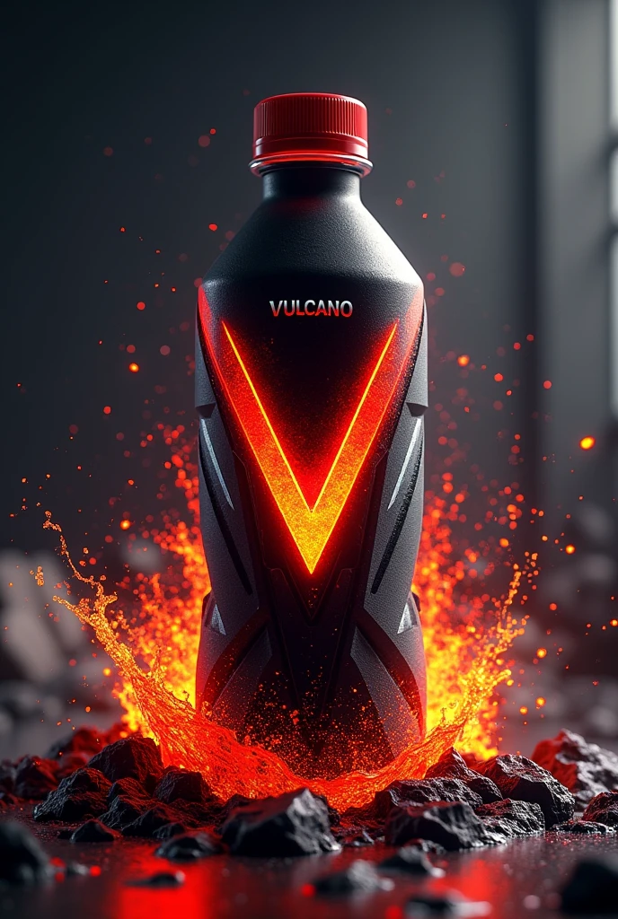 High-level energy drink, Vulcano brand, black, red and orange tones