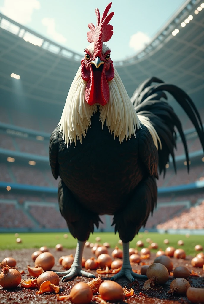  Big black and white rooster only (The rooster), angry, mashing onions in a huge stadium