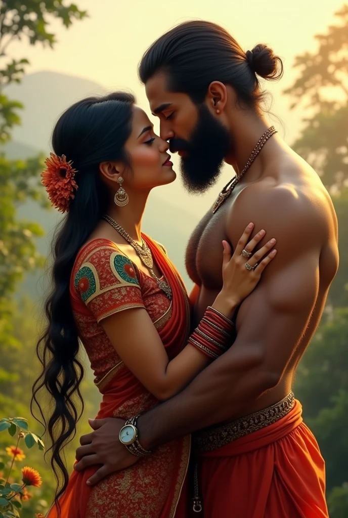 A beautiful Indian woman in a kurta kissing a broad-chested bearded man