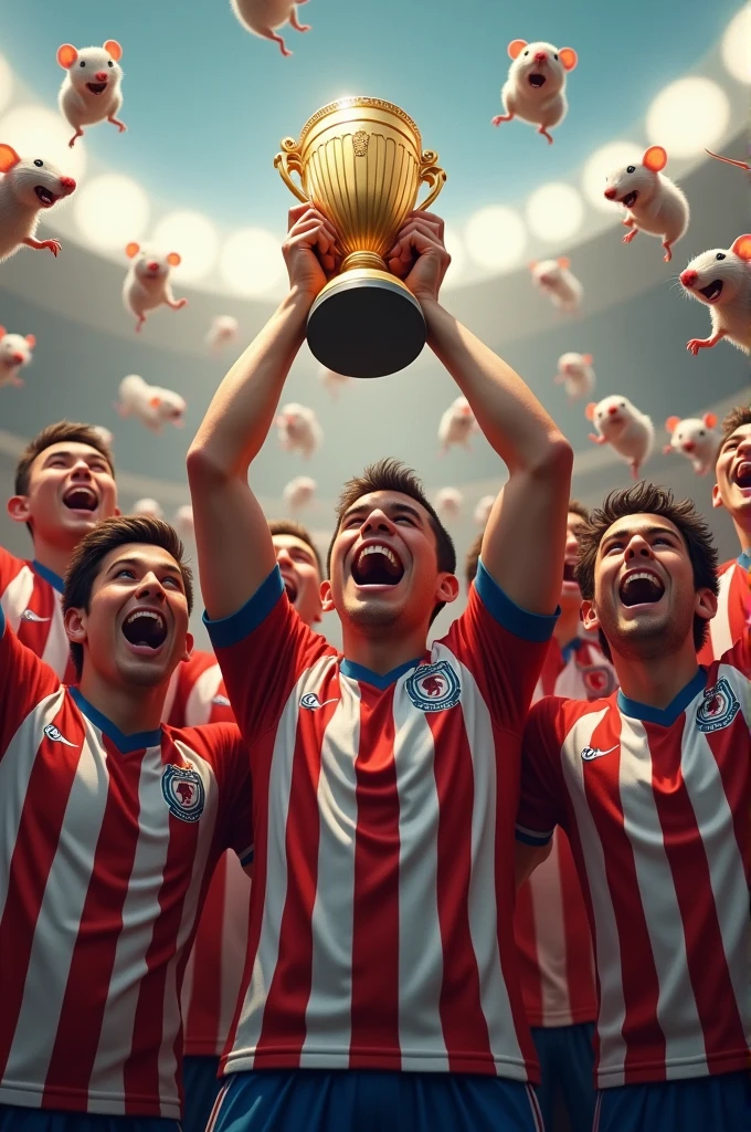 Chivas players wearing red and white vertical striped shirts. Raising a trophy with mice around it with a sign that says the robbery of the century