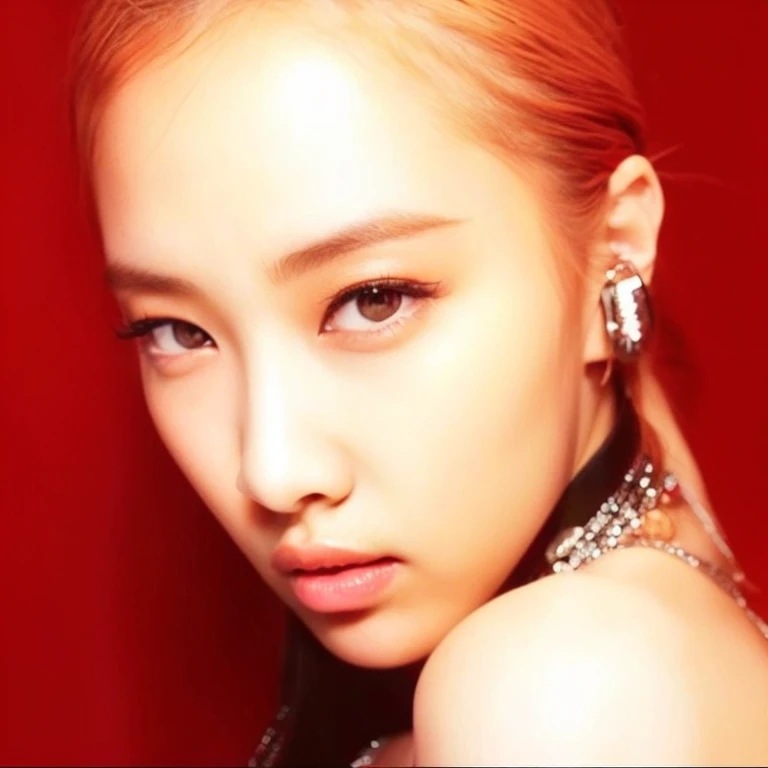 a CLose up of a woman with red hair and a necklace, Rosé de Blackpink, Blackpink Rosé, Park Roseanne, foto realista 