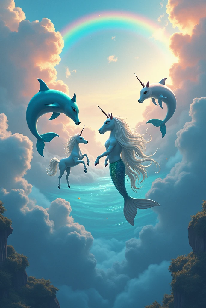 3 dolphins in the clouds with rainbows and 3 unicorns with 3 rainbows and colorful clouds and also the mythical mermaid from Call of duty