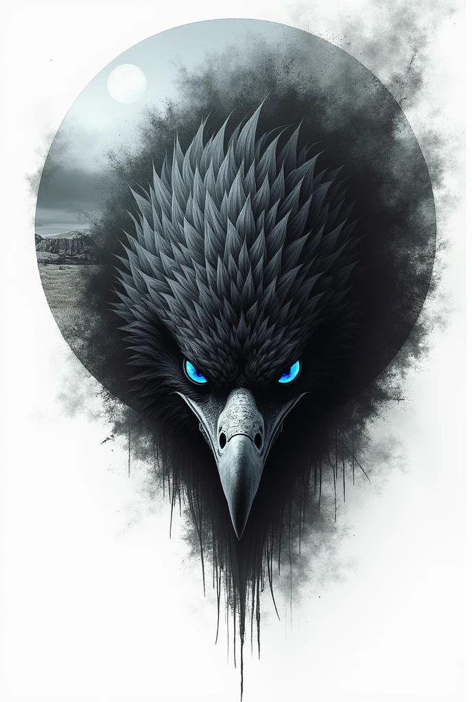drawning, Eagle head, drawning à lápis, black strokes, white background, realisitic, lowering the head, blue eye, evil face, Defined traits, traço de drawning, with dark smoke, landscape in the background