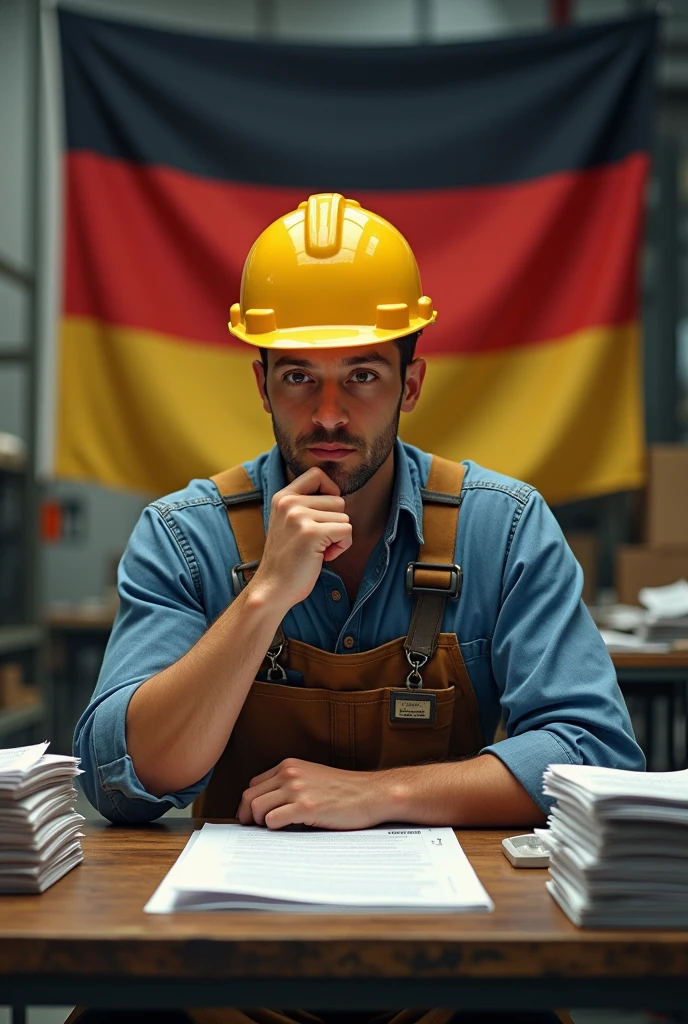The electrical engineer in the factory is sitting behind the desk in work clothes and a helmet, he is seriously working, he is looking down at the paper and the stack of bills, and the German flag is behind him.
