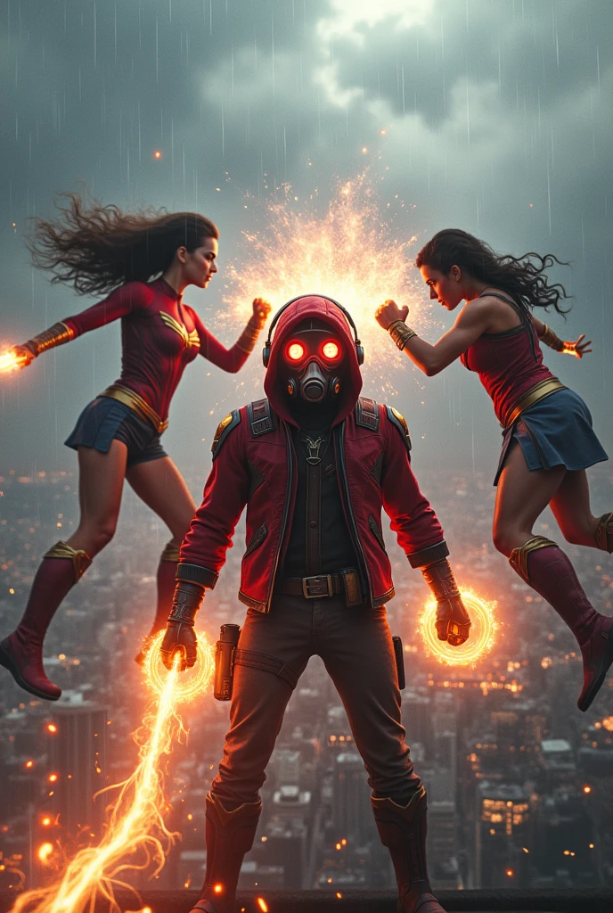 Young Star-lord with red hoodie, headphones, star-lord helmet, gas helmet, covered mouth, round red eyes, Red eyes, magic rings in the hands and rocket boots, Vs. Capitana marvel, Vs. Wonder Woman, Fighting, power, fiction, full body, 3 person, magic lasso, hight, fall, fire in boots, poweful spells, realistic, helmet, mask, red cape, confrontation, punch, gun, flying in the sky, view of the city from above, rain, fighting over the spell book, Black gloves, ocean floor, face cover