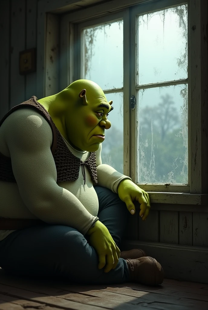 Shrek looking out a window very sad and crying tears falling from his eyes
