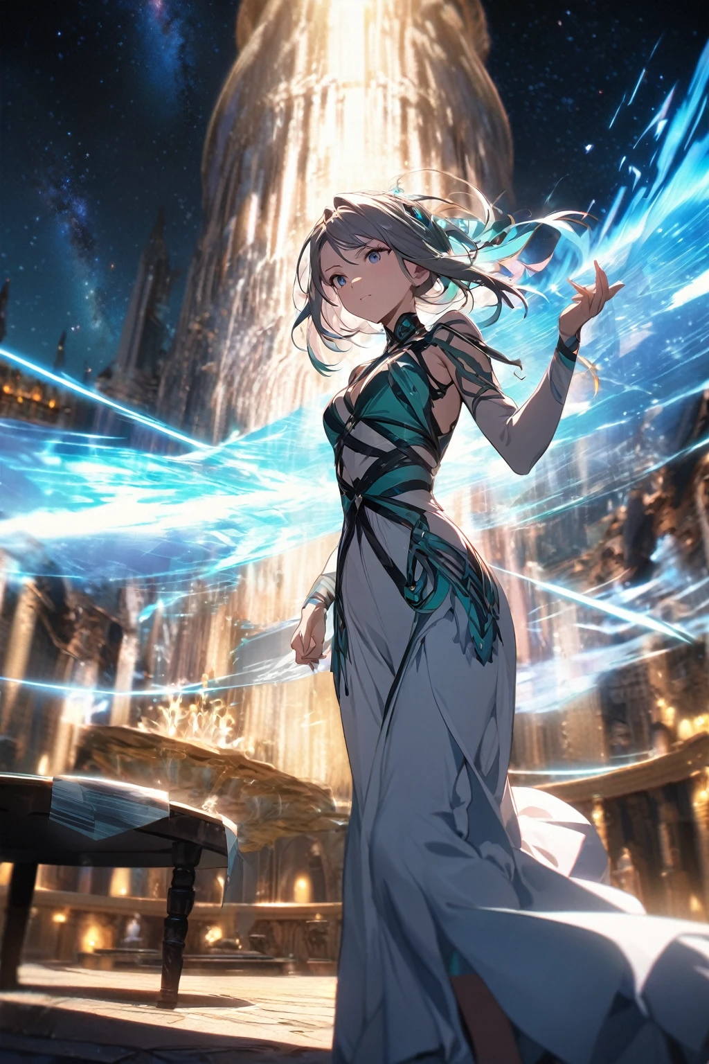 enchantress, highest quality,((highest quality)),((table top)),((perfect face)),become familiar with5two-fingered hand,1 girl,(background blur), ((holographic)),1 girl,milky way, (stripes of light), impressive visuals, (dynamic streak, path of light:1.2), bright colors, Face up,dynamic pose, Fountain in the background, have a cane, Like an anime poster, A fateful journey