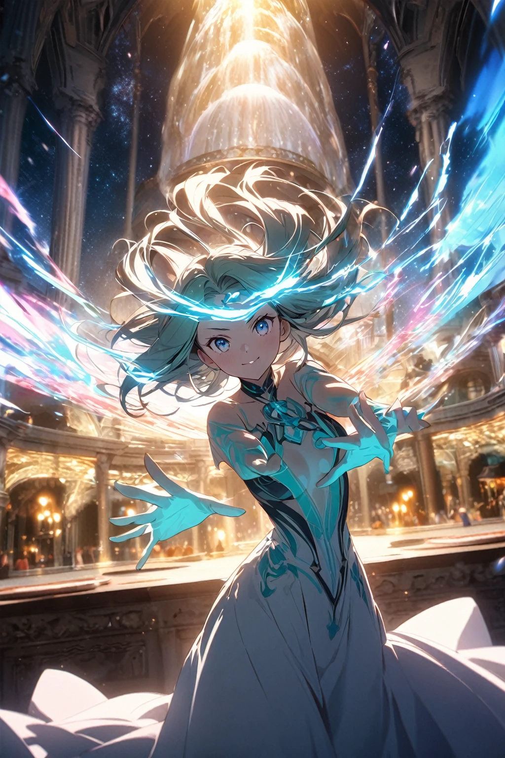 enchantress, highest quality,((highest quality)),((table top)),((perfect face)),become familiar with5two-fingered hand,1 girl,(background blur), ((holographic)),1 girl,milky way, (stripes of light), impressive visuals, (dynamic streak, path of light:1.2), bright colors, Face up,dynamic pose, Fountain in the background, have a cane, Like an anime poster, A fateful journey