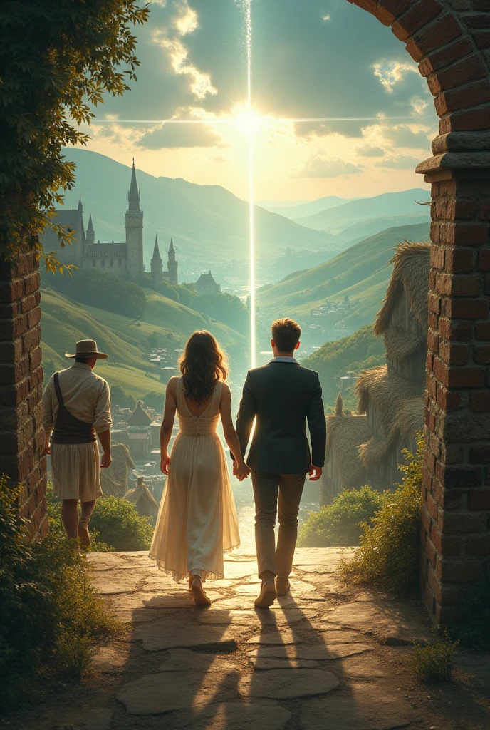 Create a picture about time travel with a portal to the Middle Ages of a woman and a man