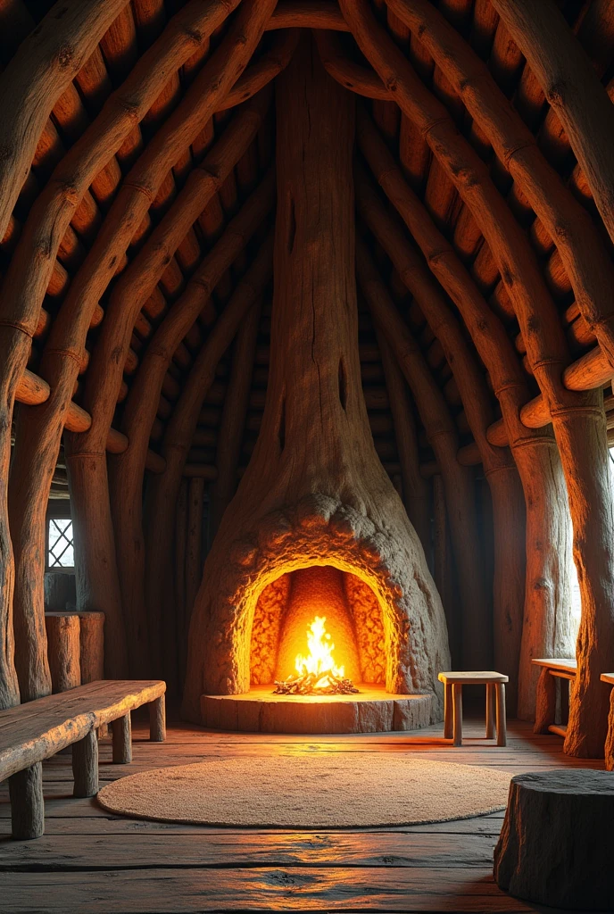 Interior of a house built with tree trunks,  no windows and fireplace lighting