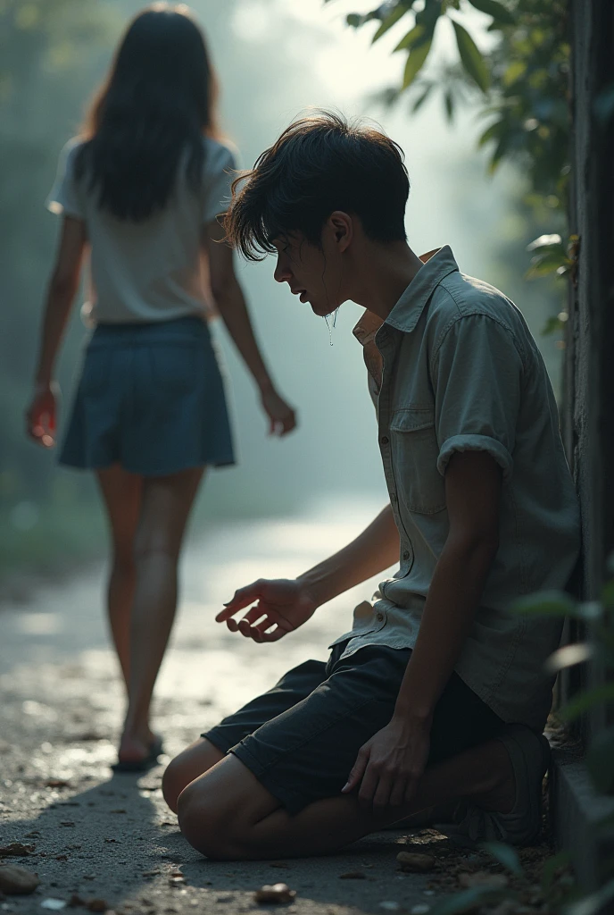"A 18 yeras old boy kneels on the ground, tears streaming down his face as he reaches out to a 
18 yeras old girl walking away from him. The girl, appearing indifferent or detached, continues to walk away, leaving the boy in a state of despair and "A boy kneels on the ground, tears streaming down his face as he reaches out to a girl walking away from him. The girl, appearing indifferent or detached, continues to walk away, leaving the boy in a state of despair and longing."