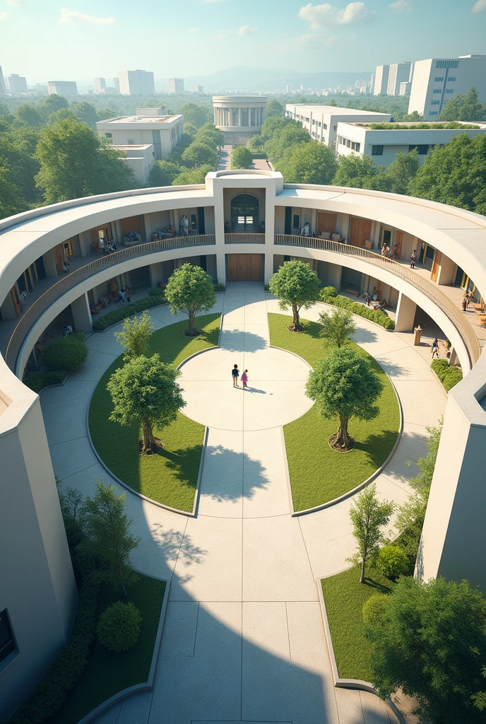 circular school, architechture, new urbanism, withouth People, aerial view, corridors around, Inner Courtyard, childhood theme 
