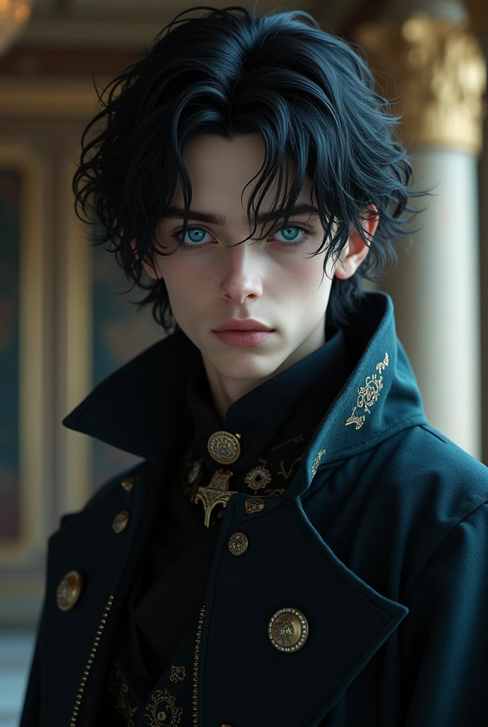 A young prince with black hair, blue eyes, a frightening look, and a beardless face.