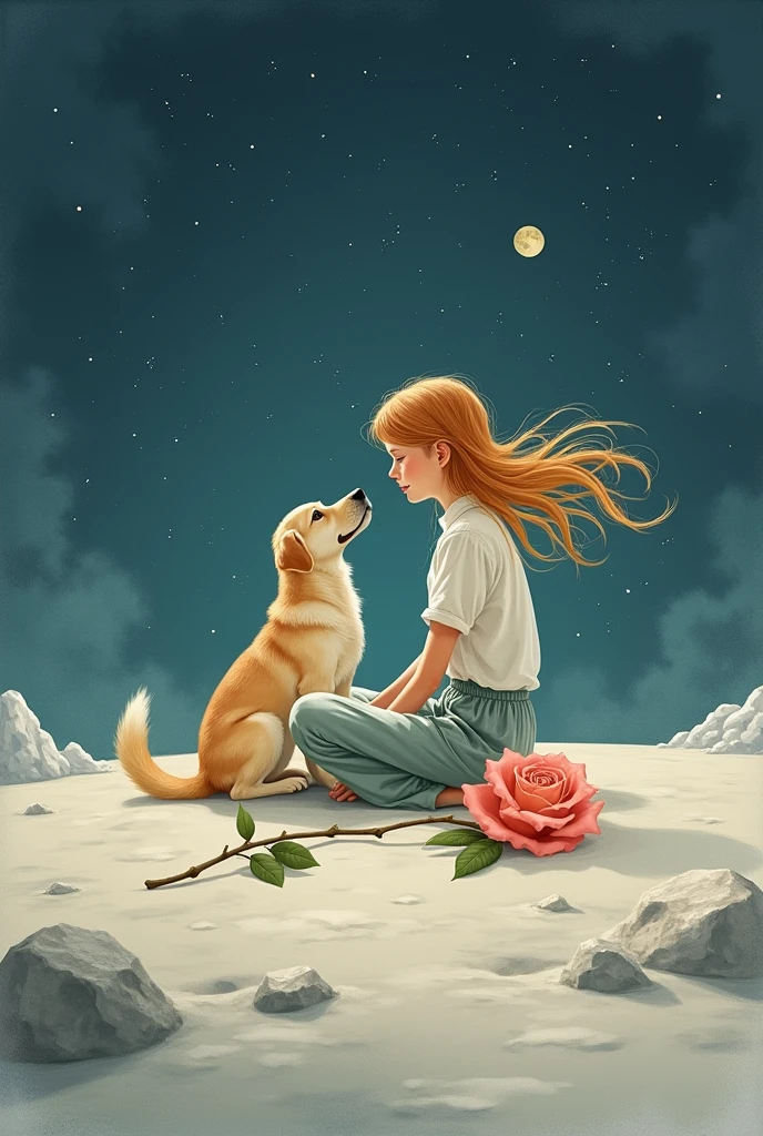little Prince (as a woman) with the fox as a labrador dog sitting on the moon with a rose