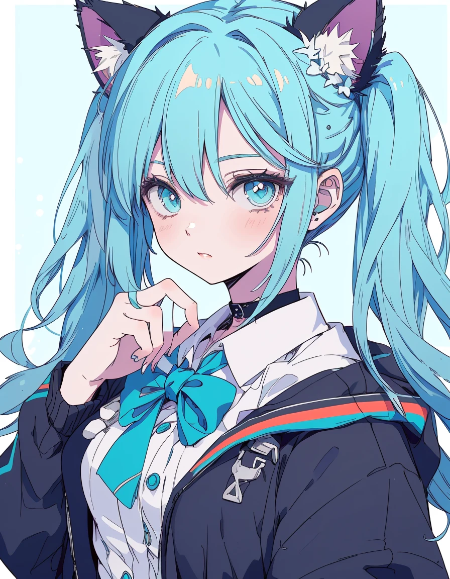 twin tail, rainbow hair color, Idol, stage, ((masterpiece, best quality:1.5)), ((Beautiful detailed cat aqua eyes:1.2)), cat ears, pale skin, medium breasts, beautiful hands, beautiful fingers, EasyNegative