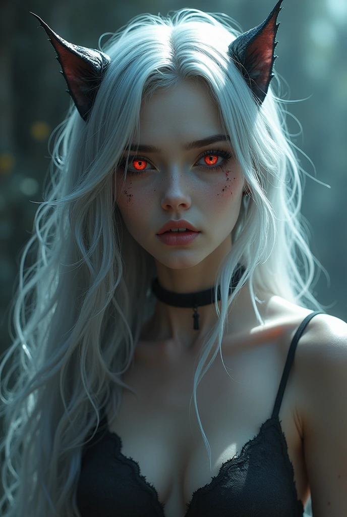 demon woman, with silver hair, red cat pupils in the eyes, skin light pink, fangs are slightly visible in the mouthChest, a high resolution, full length