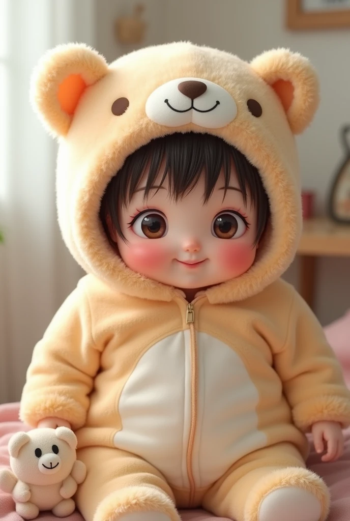 (girl),(()) ,3d images ,Highest quality 8K ,Chubby body shape,((Very fat)),Pink cheeks,podgy,Good mood,((peek)),((Hide)),((Open your eyes.)),Put on a stuffed animal costume,Balanced lighting,blurred background,Middle of the picture