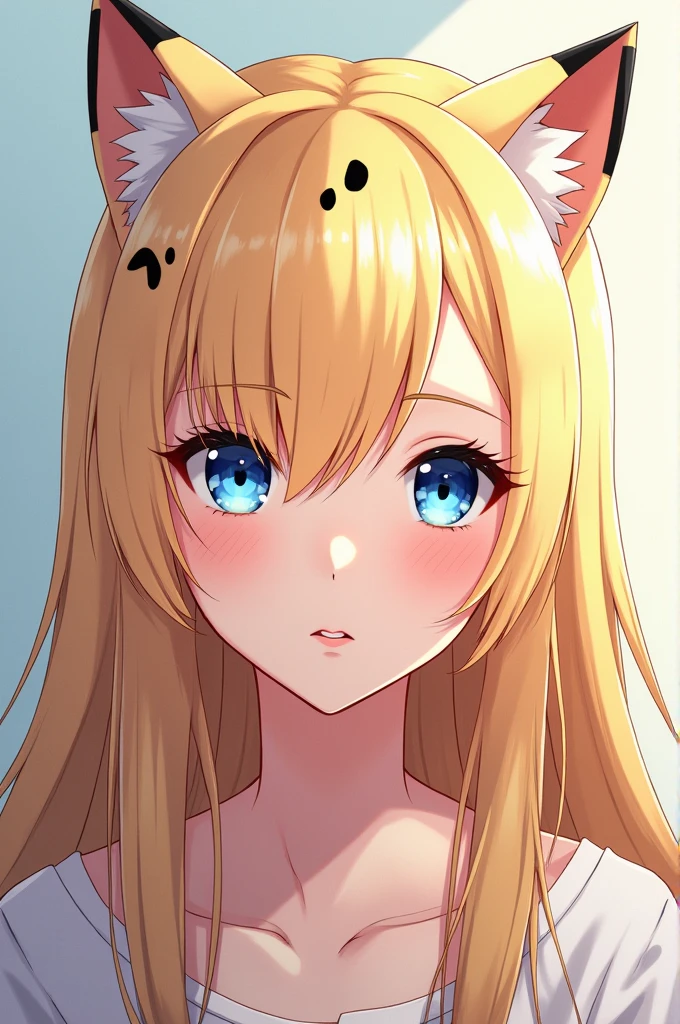 Anime woman with long blonde hair,blue eyes, leopard ears