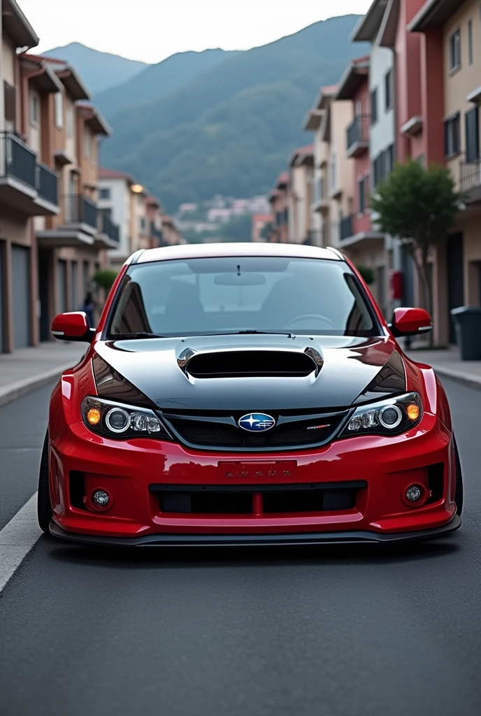A red 2008 Impreza with a black hood and silver offset rimz