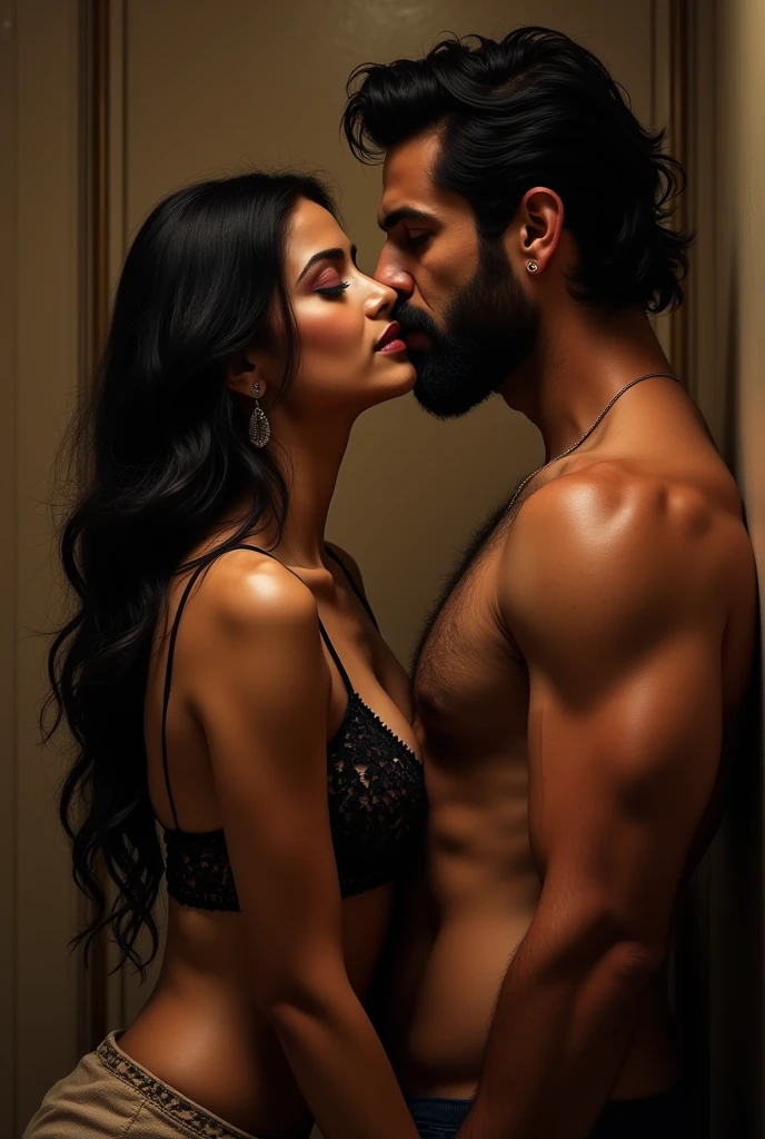 A beautiful Indian woman in a bra kissing a broad-chested bearded man