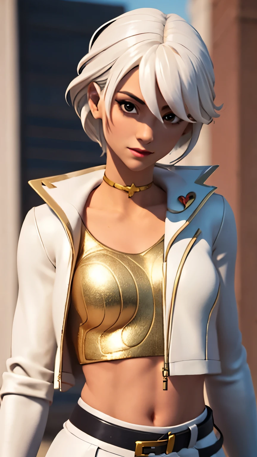 City background, 1girl, solo, AphroditeFN, Aphrodite from fortnite, (crop top, gold top, open clothes), (jacket crop top, white jacket, jacket loose, one short sleeve, one long sleeve), fingerless gloves, white skirt, miniskirt, belt, white hair, short hair, lipsticks, smirk, heart, upper body, looking at viewer,