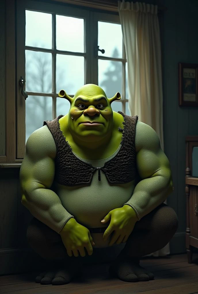 Shrek looking out a window very sad and crying tears falling from his eyes