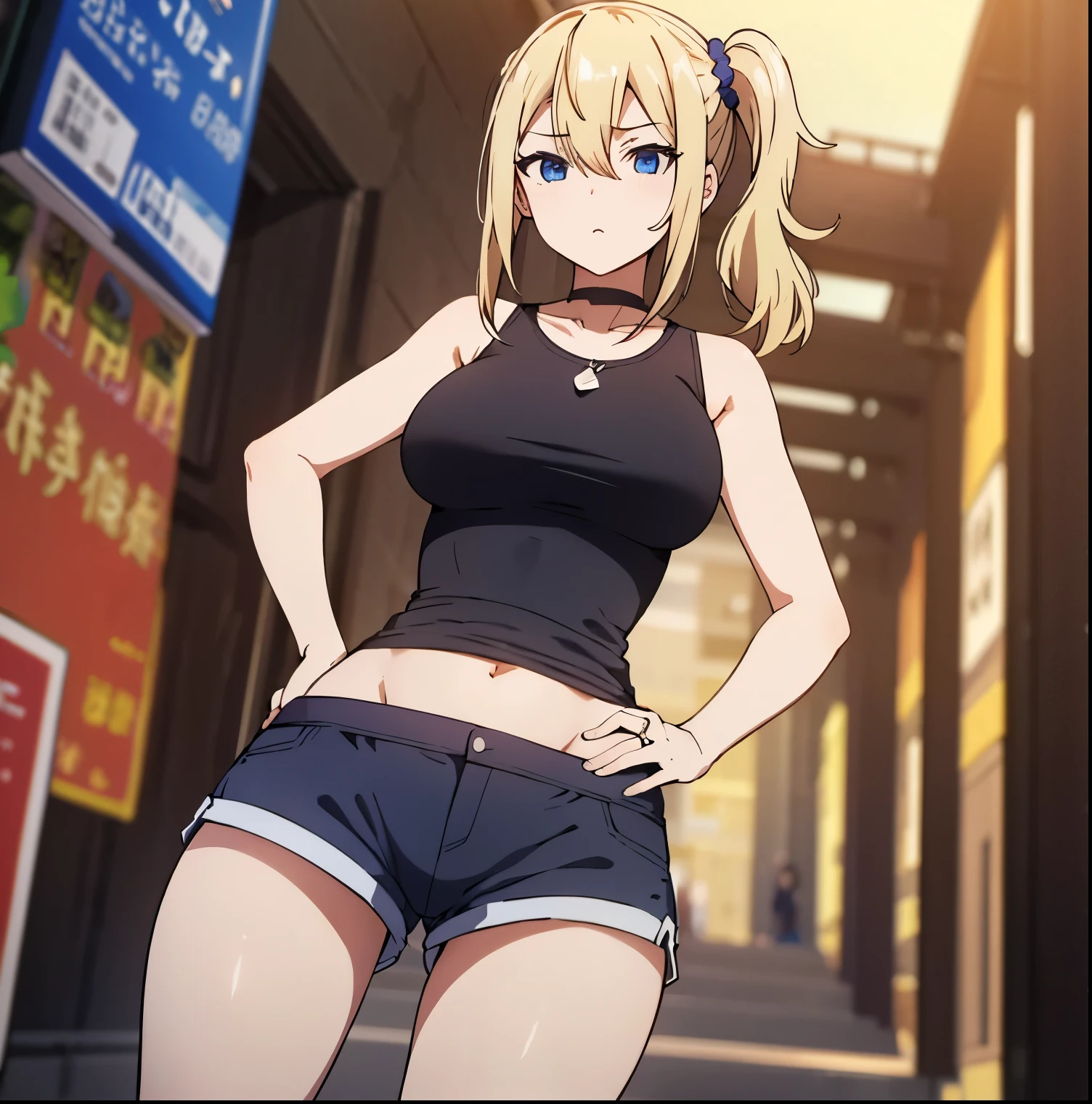 masterpeace, best quality, high resolution, 1 girl, solo, hayaska ai, tank top, black shirt, waist naked, blue shorts, tight shorts, white stockings, black sneakers, side ponytail, hair between eyes, blue eyes, blonde hair, hair ornament, large breasts, medium waist, wide hips, medium thighs, butt round, hair scrunchie, bangs, long hair, side strands, necklace, collarbone, jewelry, city, street, sunny, good lighting, walking down the street, looking at viewer, head on, ((focus on hips:1.3)),pov(from below), perfect anatomy perfect hands