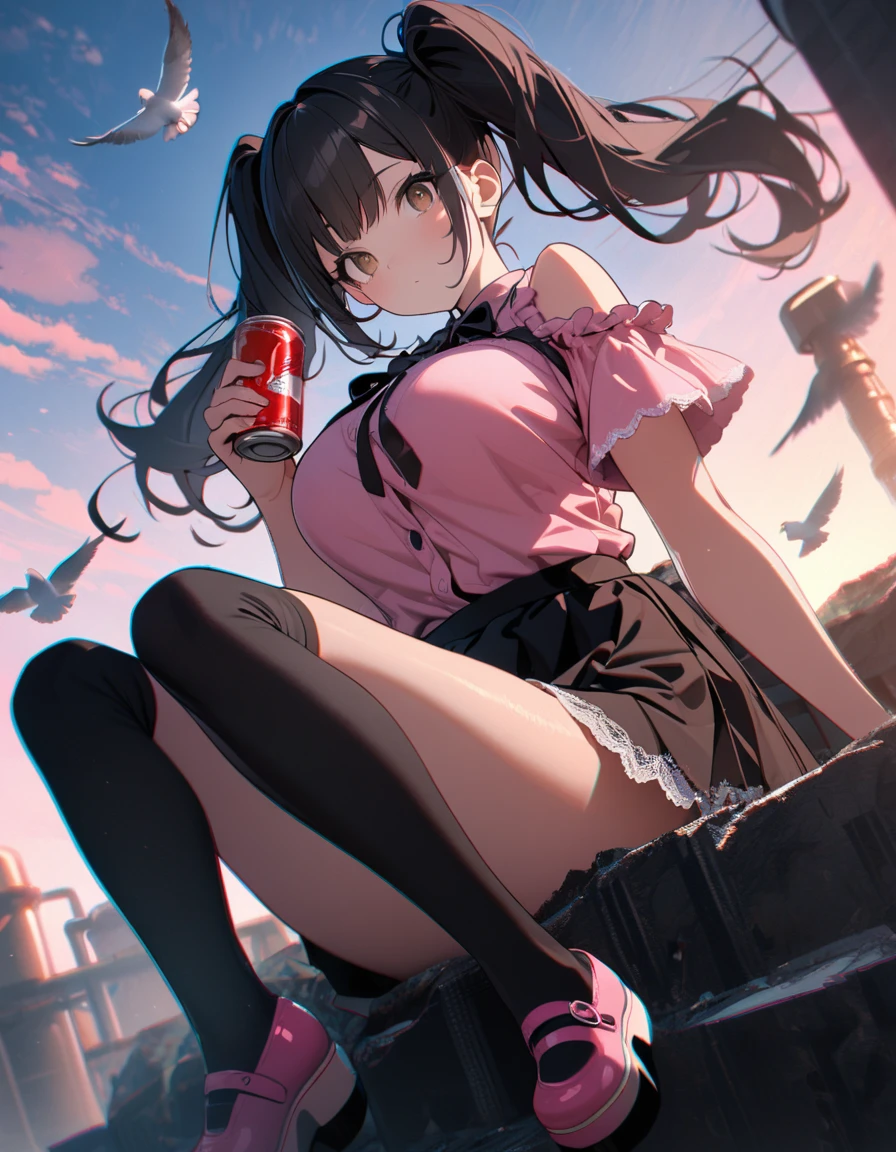 (8K, best quality, master piece: 1.2),ultra-high resolution,1 idol,solo,ultra-detailed face,detailed eyes,brown eyes,eyelash extension,Circular eye area eye shadow,black hair,twintails,Short sleeve frilled pink blouse(pink:1.5),Cold Shoulder,black ribbon tie,Big breasts,Mini skirt with black lace-up ribbons on both sides,Black knee-high socks, platform Mary Janes,expressionless,Sitting on a mountain of waste,holding a can of alcohol in one hand,one free hand between legs,Perfect fingers,Waste treatment plant,from below,Sunrise,Pigeons flying in the sky,(chromatic aberration:1.3),(overlooking:1.3)