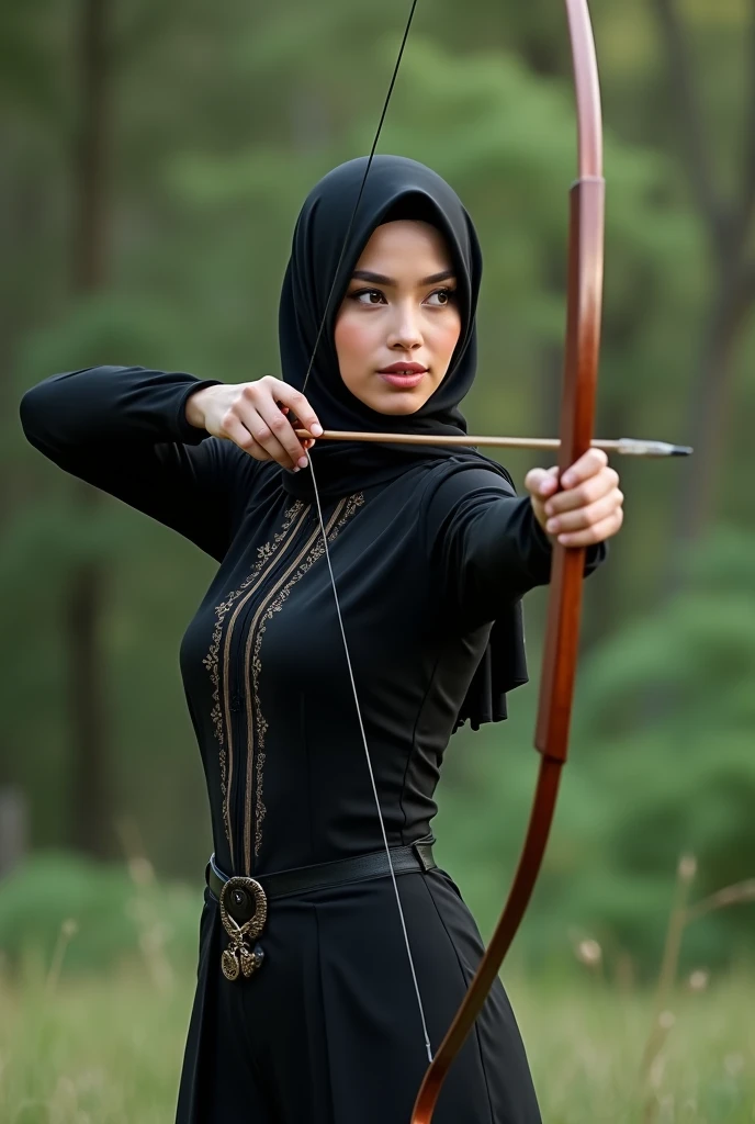 A hijab woman in a black suit doing archery